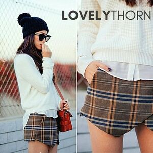 ZARA // brown black wool plaid envelope mini skirt